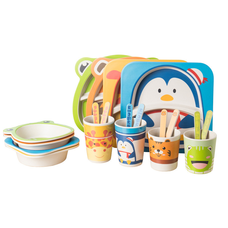 Creative Cartoon Bamboo Powder Bamboo Fiber Children's Tableware Set Five-Piece Set Kindergarten Baby Cartoon Grid Bowl Plate