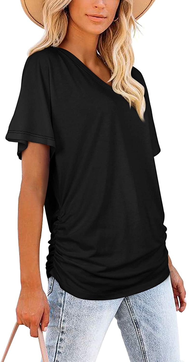 2021亚马逊跨境女上衣 欧美纯色蝙蝠袖侧面抽褶v领短袖t恤女