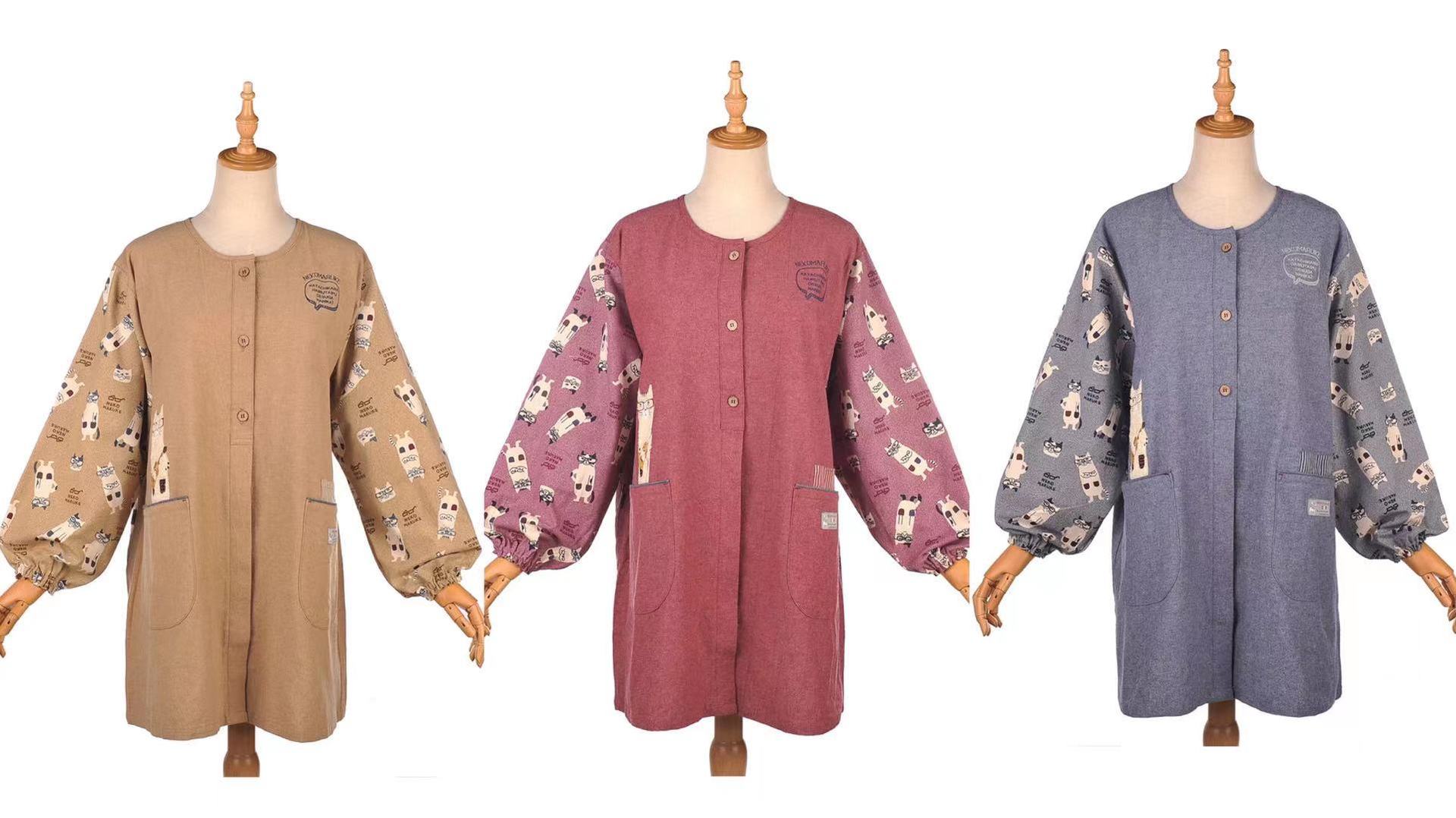 日本新款刺绣猫咪家居围裙防油防污罩衣反穿烘焙花艺长袖860