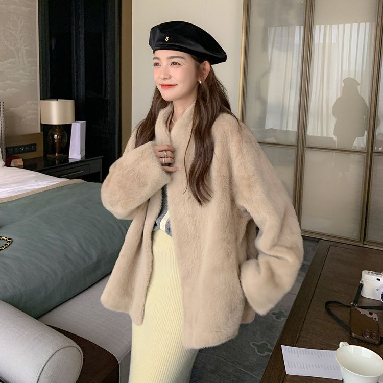 皮毛一体外套女气质高级感环保皮草貂毛绒大衣立领中长款慵懒风冬
