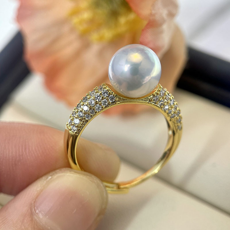 diy珍珠配件 新款铜镀注金镶嵌法式锆石珍珠戒指空托开口可调节