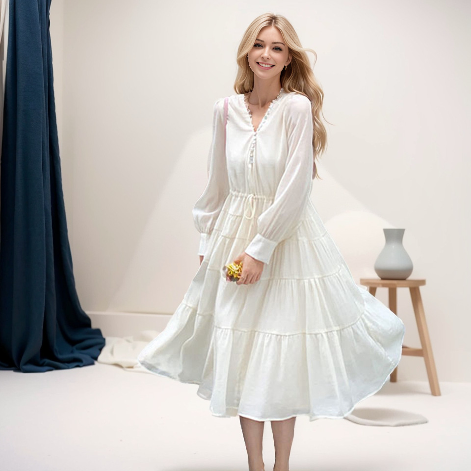 法式重工贝壳扣装饰v领抽绳收腰气质连衣裙女春2024年新款长袖裙