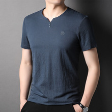 亚麻短袖T恤男士v领纯色棉麻透气夏季新款中国风潮流中青年上衣