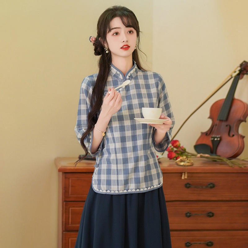中式民国学生装格子毕业班演出服汉服改良唐装套装中国旗袍上衣女