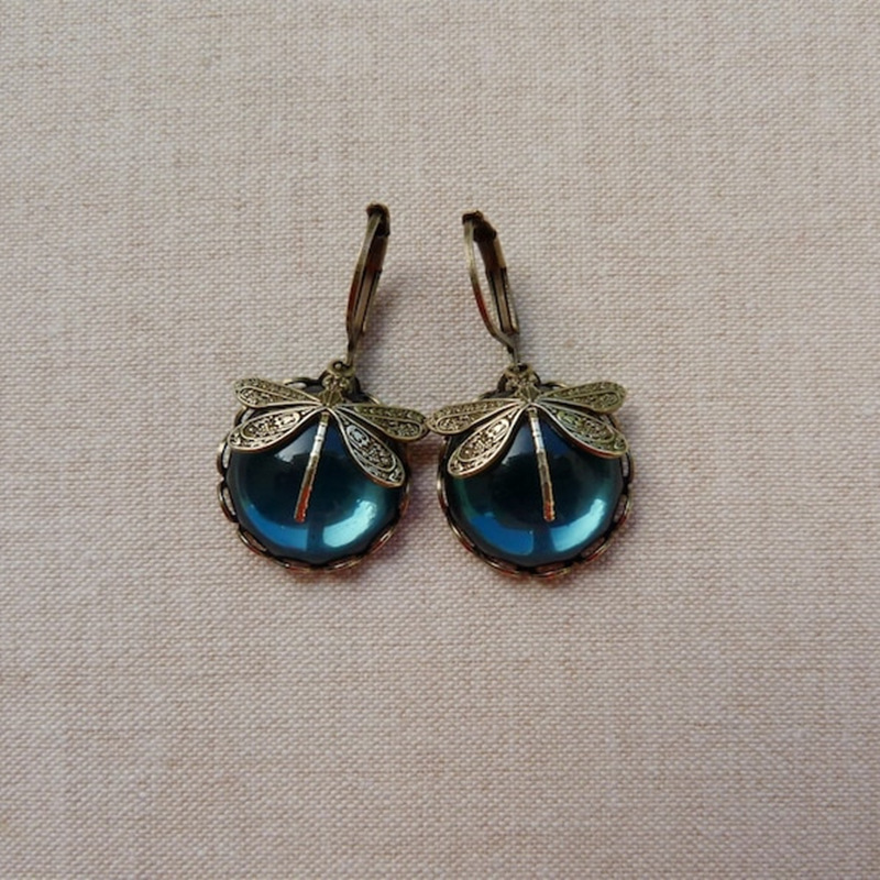 Qiyou Creative Vintage Dragonfly Green Crystal Pendant Earrings Charm Women Jewelry Party Bohemian Earrings