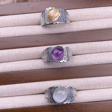 发晶紫水晶蓝月光石戒指S925银镶嵌复古银宽版个性彩宝水晶手饰品