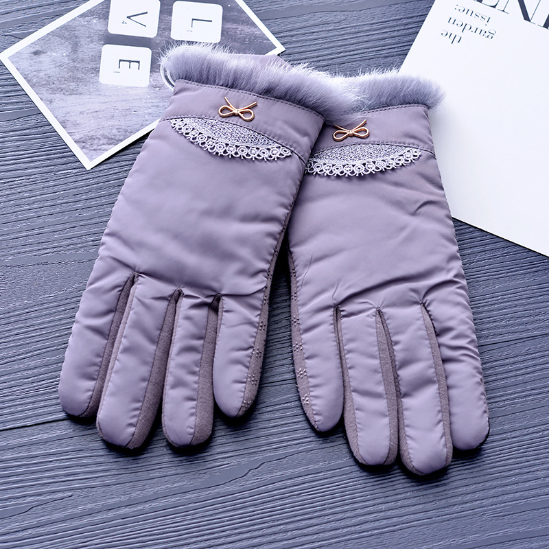 Solid Color Hollow Lace Women's Gloves Chiffon Cloth Velvet Lined Warm Gloves Wind-Proof and Cold Protection Outdoor Gloves Factory directly Sales Gloves