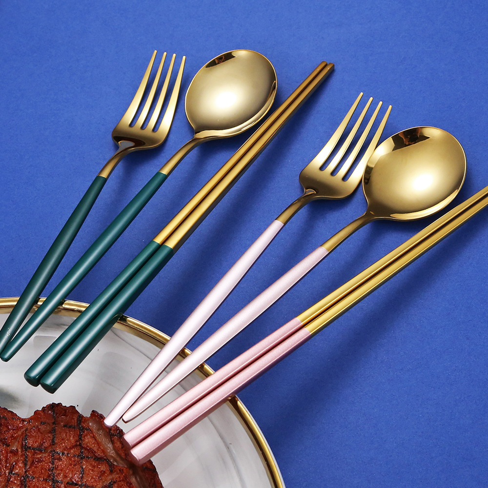 Portugal 304 Stainless Steel Knife, Fork and Spoon Chopsticks Internet Celebrity Green Gold Spoon Fork Chopsticks Western Food/Steak Knife and Fork Dessert Tableware