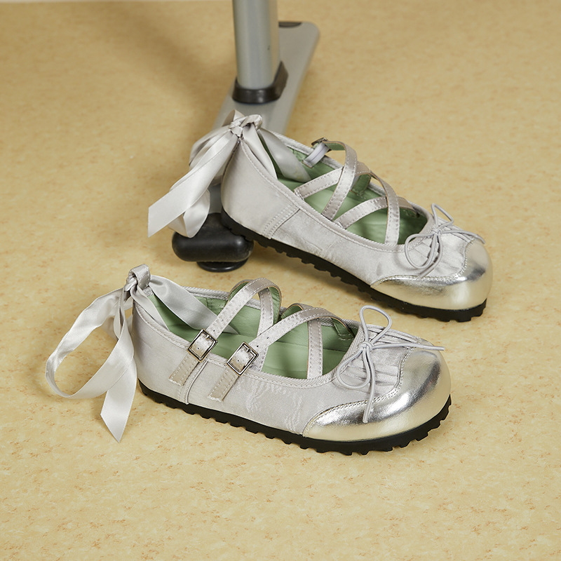 2024铂思春夏新款大头丑萌芭蕾舞平底绑系带女休闲透气舒适单鞋