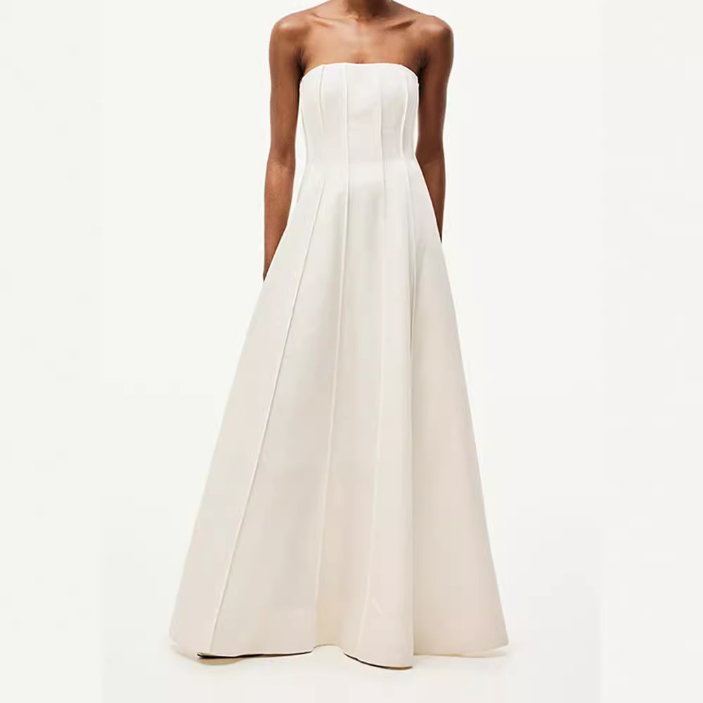 欧美跨境2024夏季新款气质优雅白色抹胸露背连衣裙无袖无领百褶裙