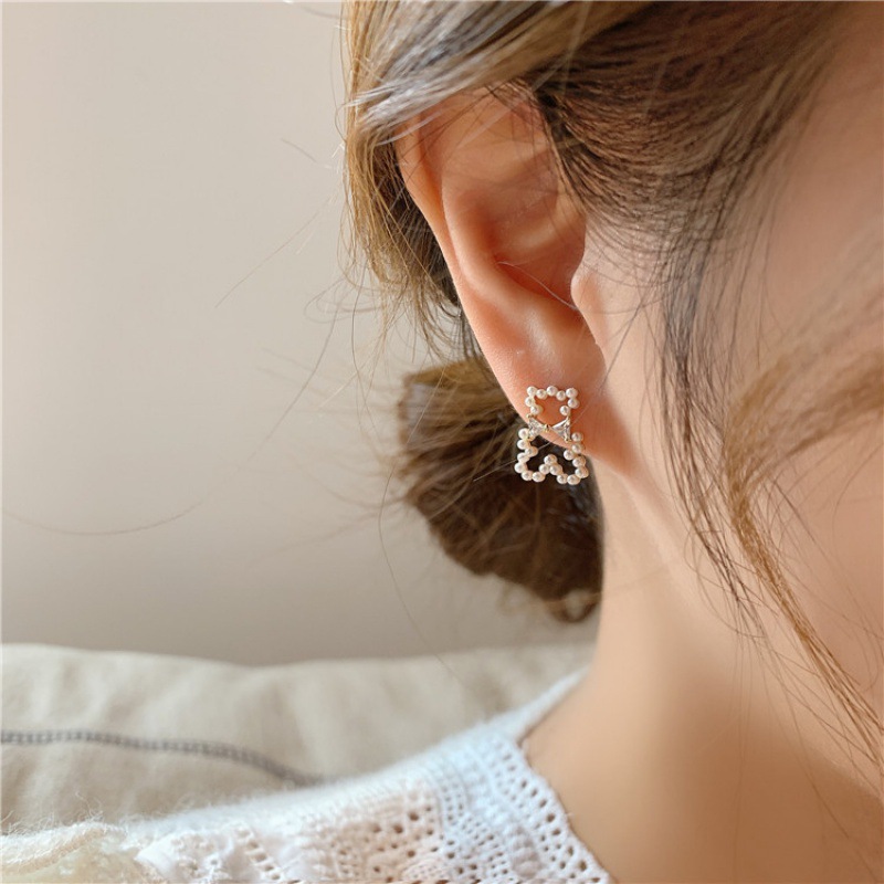 镂空珍珠小熊耳钉可爱简约925银针韩国气质精致百搭小巧耳环耳饰