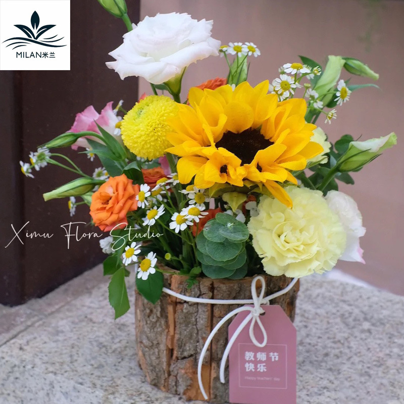 教师节树皮桶花篮花艺课插花桶树皮筐鲜花礼盒 盆栽小花盒抱抱桶