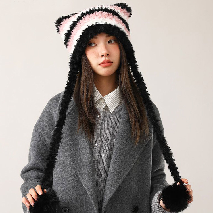 Winter Winter Warm Dopamine Color Matching Cat Ears Hat Plush Woolen Knitted Hat Can Be Used as Bag Ushanka