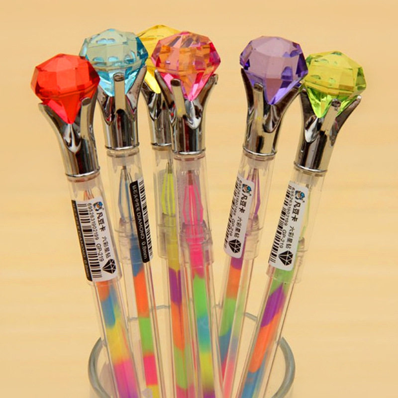 12支装六彩星钻中性笔钻石造型彩色水笔6色笔标记笔记号笔炫彩笔