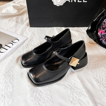 春季法式复古玛丽珍鞋粗跟方头单鞋黑色jk小皮鞋高跟鞋女小皮鞋