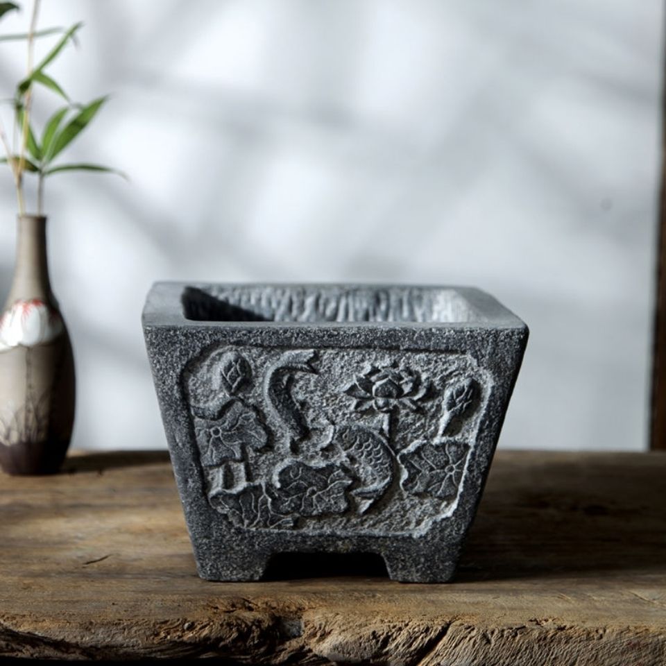 风仿石石头吸水石花盆小石盆青石山水做旧盆景铜钱草多肉花器