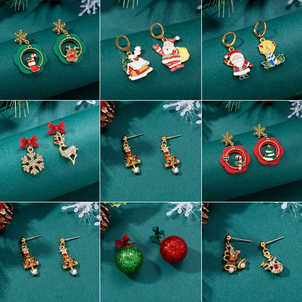 Cross-Border New Arrival Christmas Tree Cane Snowflake Flower Santa Claus Earrings Types a and B Asymmetric Christmas Stud Earrings Earrings