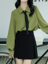 T春秋季灯笼长袖上衣设计感小众高级垂感牛油果绿色领带雪纺衬衫