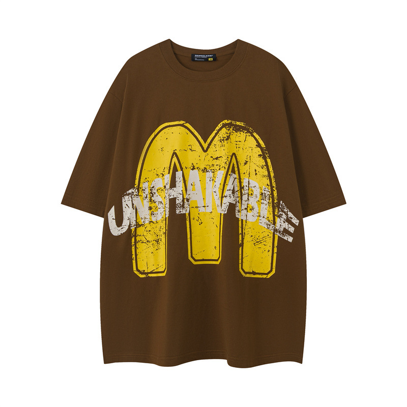 悟航2024夏季趣味创意字母短袖磨损的麦当劳印花休闲t恤男女-阿里巴巴