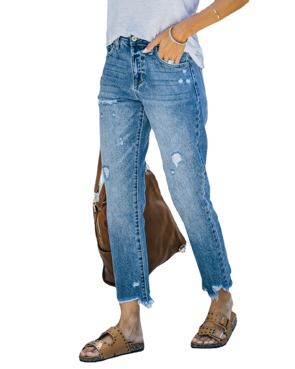 Amazon Europe and America Cross Border Foreign Trade Light Blue with Holes Casual Cropped Straight Washed Jeans Women