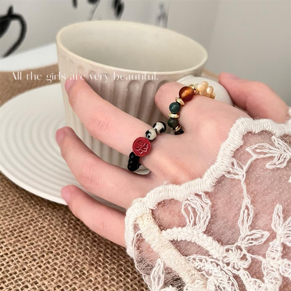 Homemade Niche Natural Stone Beaded Shell Ring New Chinese Style Cold Style High-Grade Elastic Ring Twin Ins