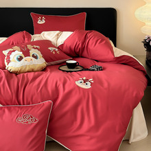 新款红色100S双股澳棉纯棉四件式卡通刺绣全棉被套床单床上用品