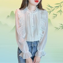 新中式时尚荷叶边蕾丝雪纺衬衫女长袖2024春季新款设计感洋气小衫