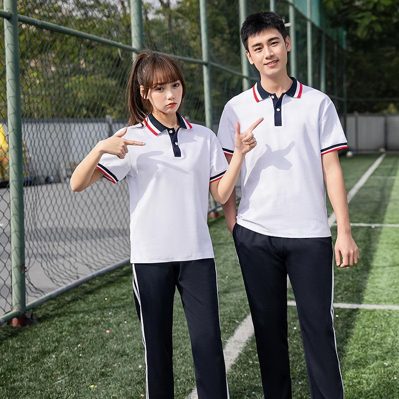 夏季初中生校服套装短袖长裤毕业团体服蓝色高中大学生班服两件套