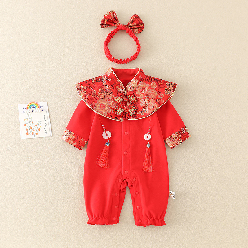 Chuzhou Dress for One-Year-Old Baby Girl Clothes Spring and Autumn Newborn Baby One Month Old National Style Jumpsuit Red 100-Day Romper Baby Clothes