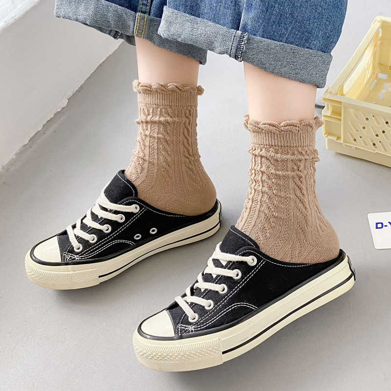 Lace Socks Children's Tube Socks Spring and Autumn Ins Fashion Cute Japanese Style Solid Color Stockings Middle Tube Cotton Socks JK White