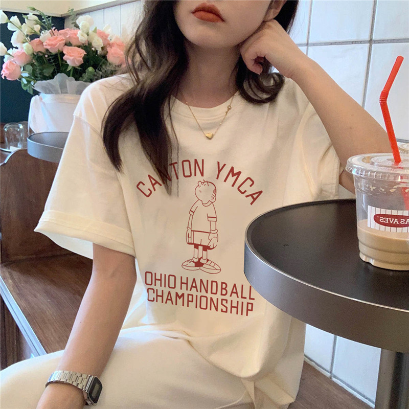 Spring and Summer New Short Sleeve T-shirt Women's Cotton Loose All-Matching Printed Women's T-shirt Inner Casual Students' Half-Length Sleeve Top