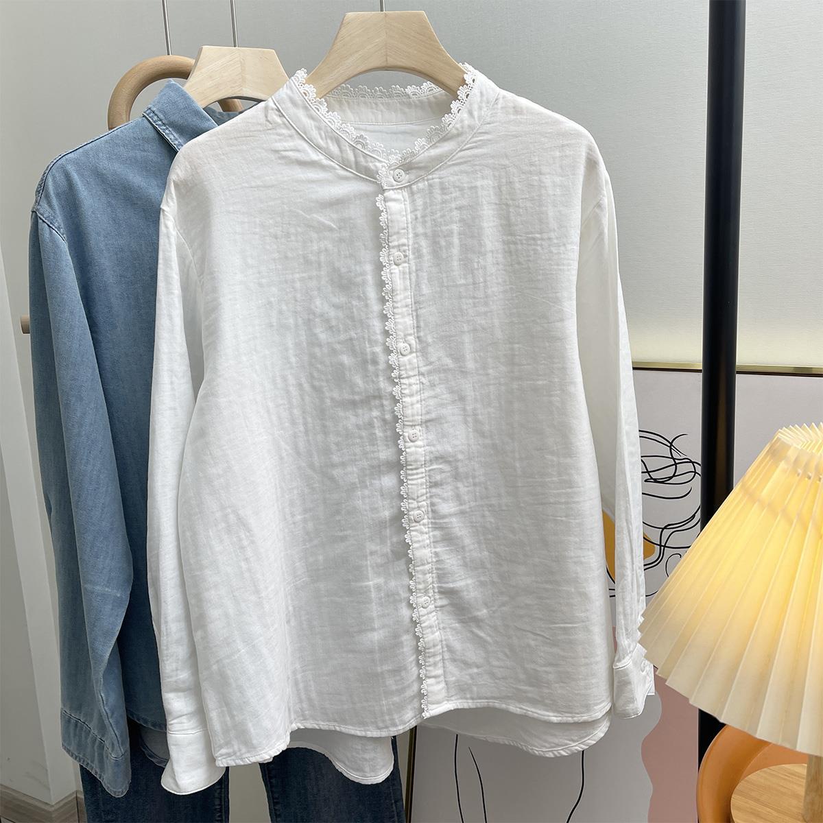 双纱全棉白色长袖衬衫女花边拼接立领排扣舒适透气衬衣早秋-阿里巴巴