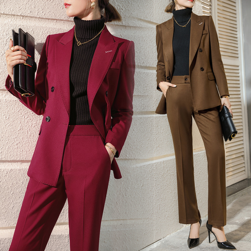 洋气酒红色西装外套女秋冬职业装气质女神范双排扣工作服西服套装