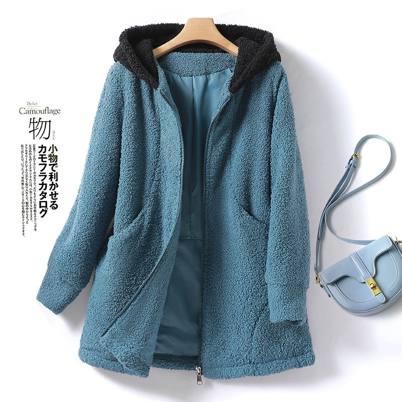 仿羊羔毛外套女2024年秋冬新款长袖连帽撞色拉链中长款棉衣女8706