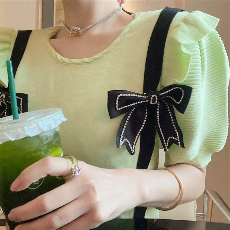 蝴蝶结短袖t恤修身