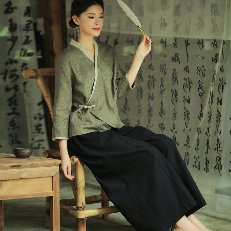 2023茶艺师服装民国风禅意女装茶系上衣中式旗袍唐装上衣茶服夏季