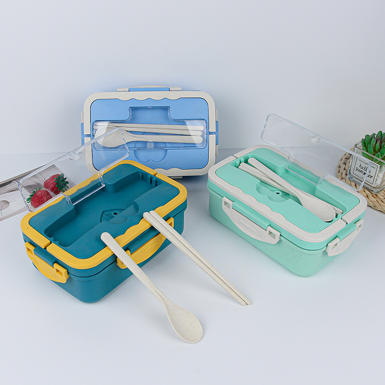 Wheat Straw Lunch Box Japanese Student Portable Lunch Box Compartment with Spoon Chopsticks Insulation Lunch Box