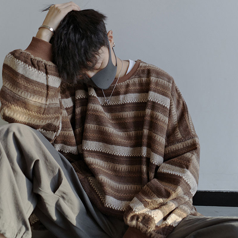民族风复古条纹呢料卫衣男潮套头oversize宽松慵懒风韩版男生上衣