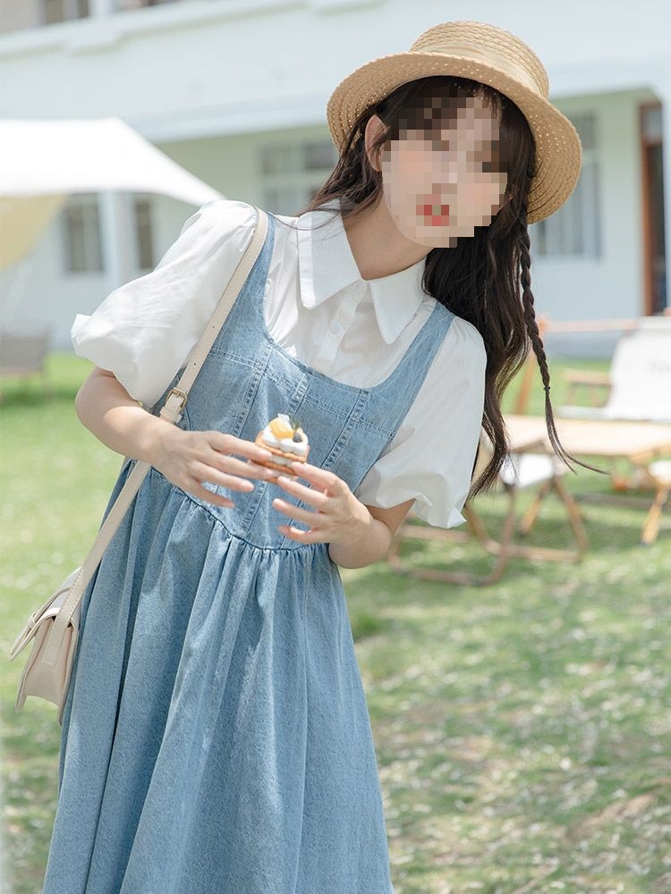 学院风牛仔连衣裙少女装夏季2025新款假两件套初高中学生背带裙