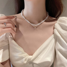 珍珠双层叠戴水晶吊坠项链女轻奢时尚设计感配饰复古宫廷风锁骨链
