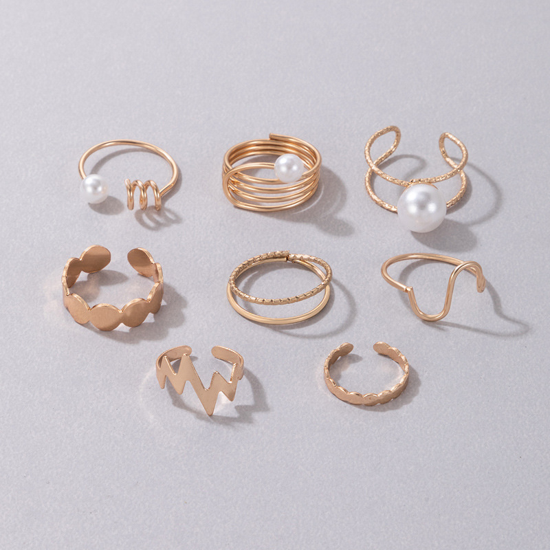 INS Cross-Border New Arrival Pearl ECG Glossy Ring Set Geometric Irregular Wafer Eight-Piece Set Ring