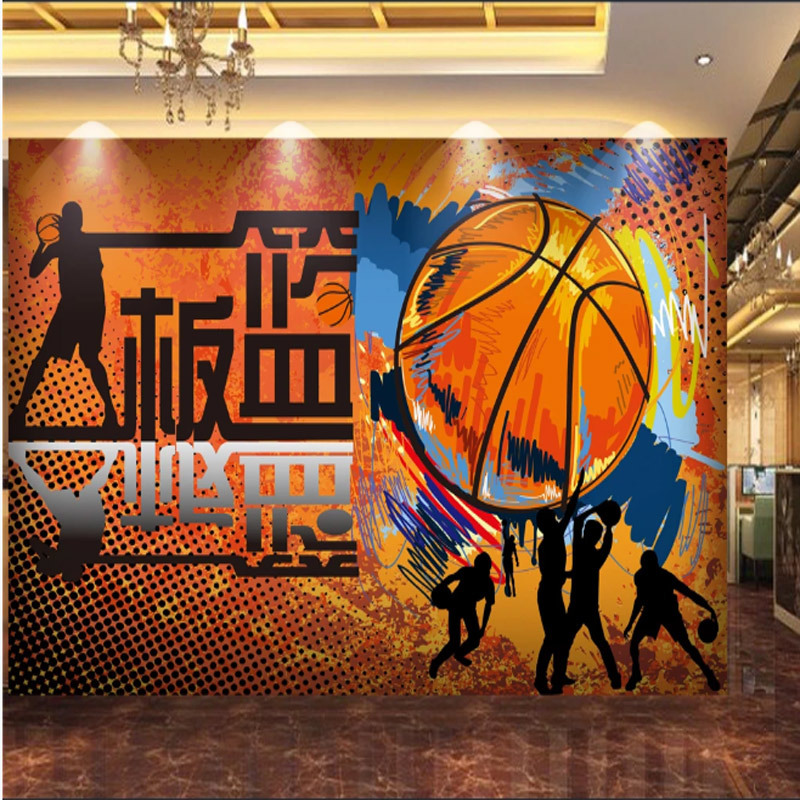 手绘篮球运动用品店面装修背景墙壁纸街头涂鸦墙篮球工作室墙纸3d