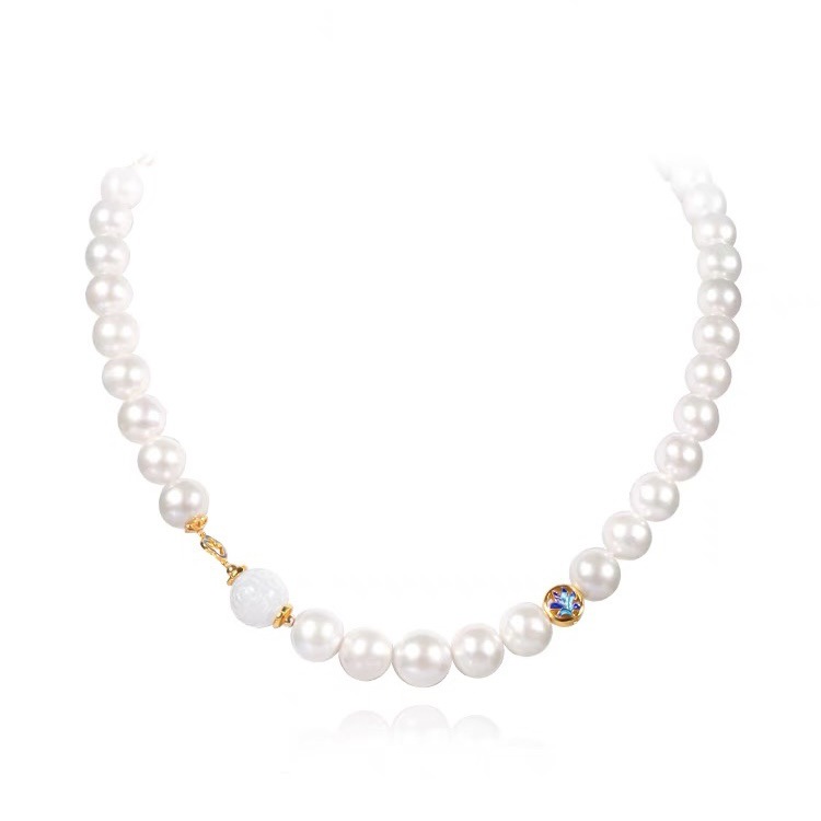 Niche Light Extravagant Love Disheng Natural Freshwater Pearl Necklace Female Enamel Pearl-White Jade Fret Beads Short Sweater Chain