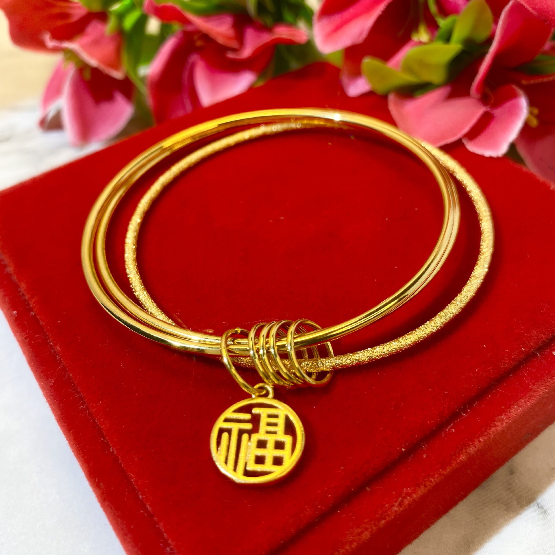 跨境小红书抖音同款沙金三生三世手镯仿黄金福牌细线圈手环不掉色