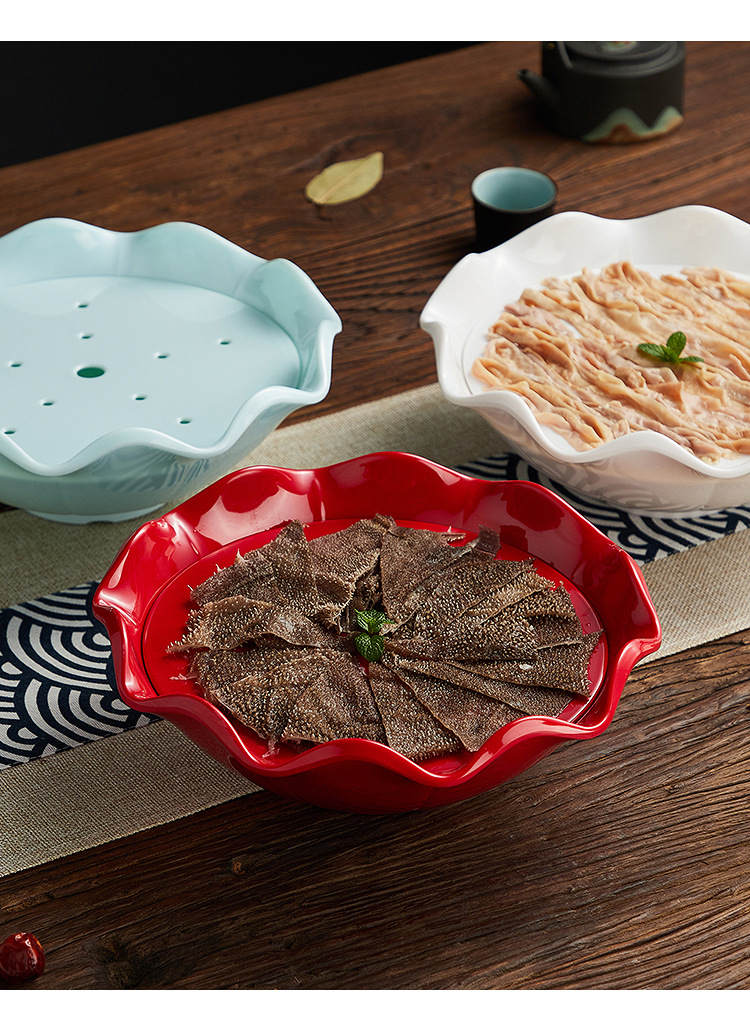 特色火锅餐具干冰荷花盘个性冒烟荷叶盘牛肉盘毛肚腰片盘意境菜盘