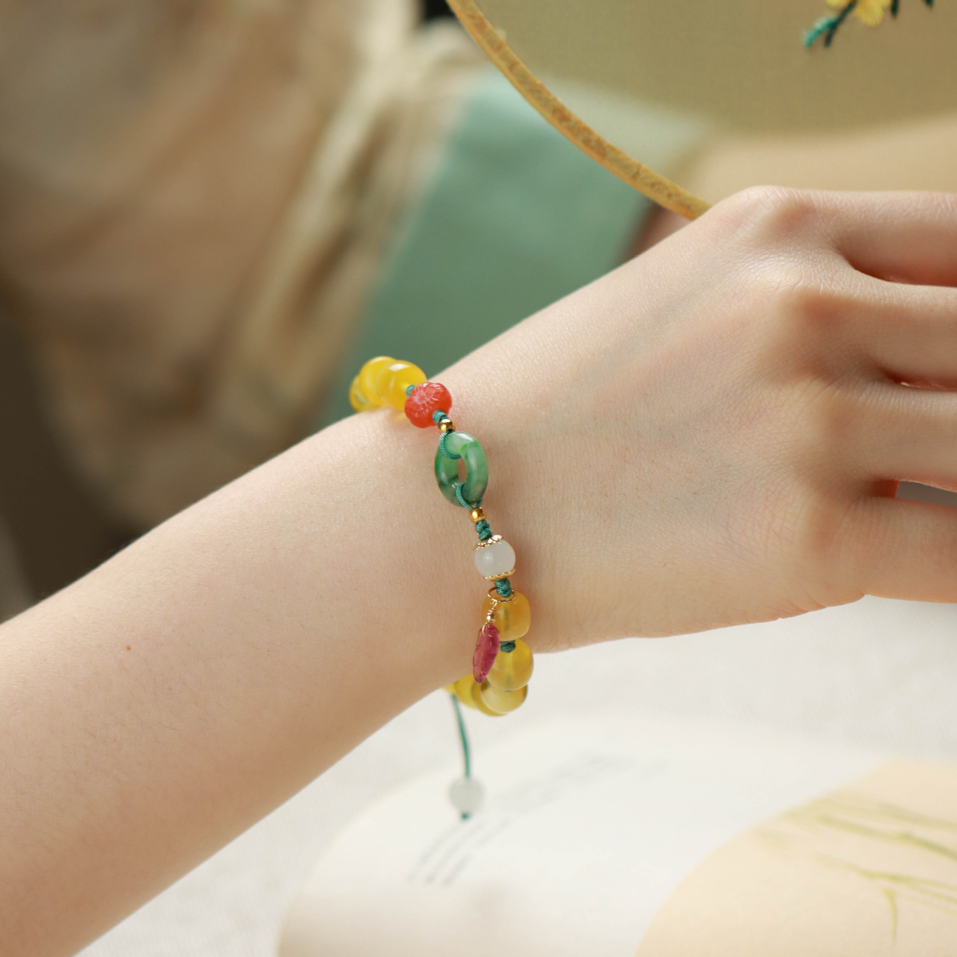 蔓时光天然蜜蜡手串老型珠翡翠平安扣手绳 diy串珠手工女国风手链