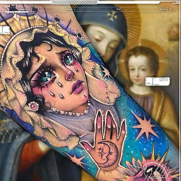 tattoo 圣经圣母玛利亚的泪水彩色花臂纹身贴纸防水个性男女纹身