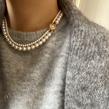 轻奢双层金属珍珠项链女法式复古优雅高级感时尚百搭颈链毛衣链