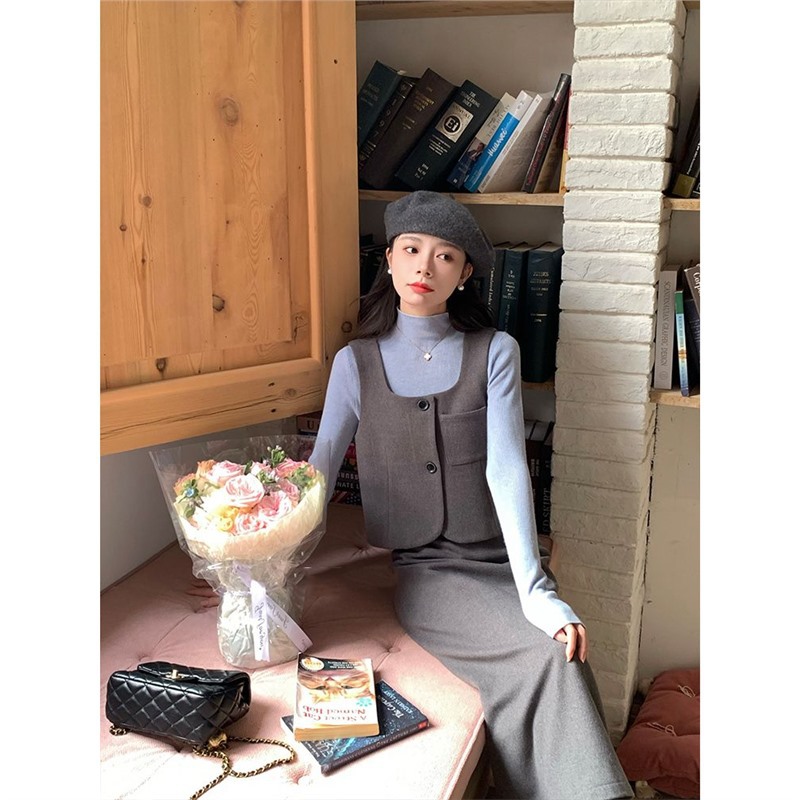 欧尼套装~新款冬季毛呢韩系马甲半裙打底衫气质淑女显瘦三件套
