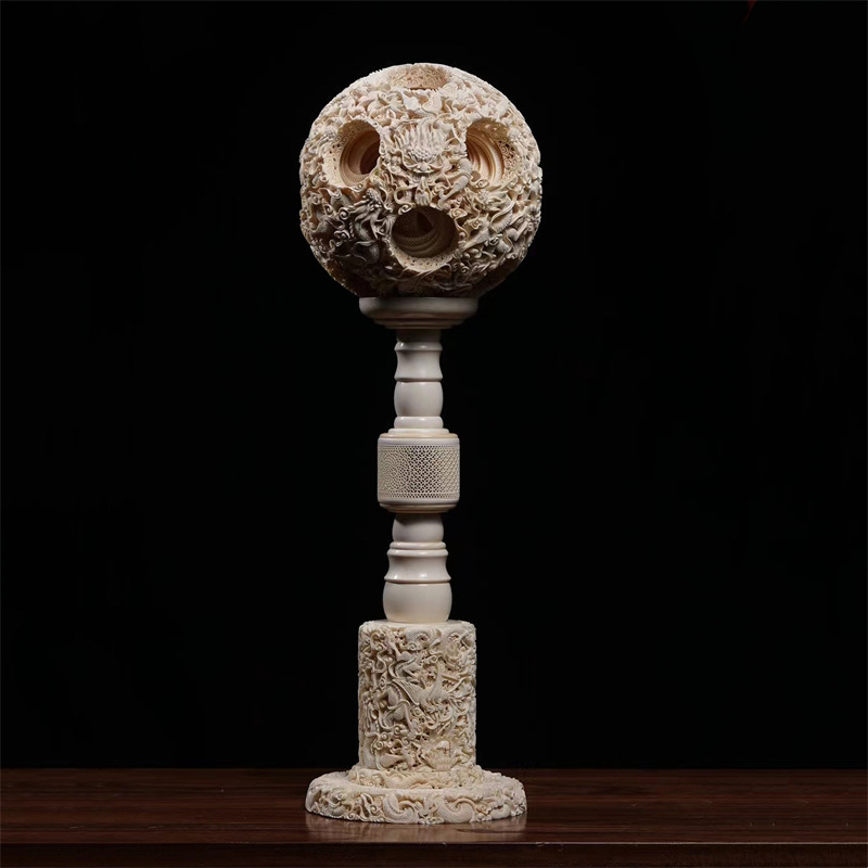 猛犸牙龙凤鬼工球摆件手雕玲珑球办公室客厅玄关装饰品摆件工艺品